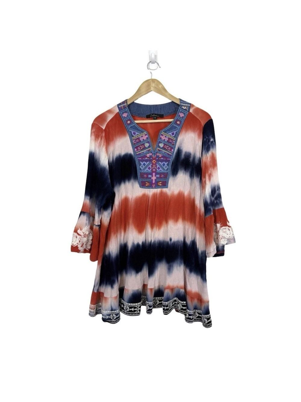 CALEOAS Tie Dye Tunic Top Plus Sz 1X Peasant Boho Embroidery Aztec Bell Sleeve